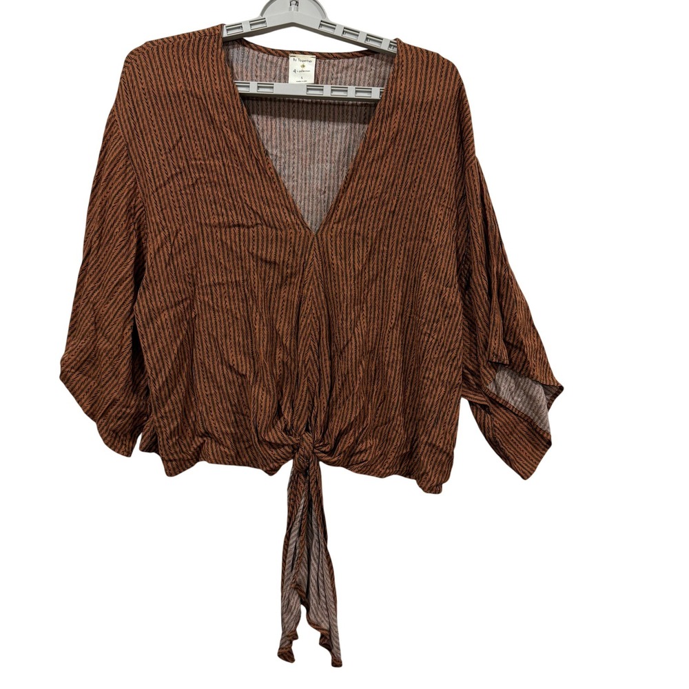 By Together Womens Small Rust Brown Chevron Stripe Front Tie V-Neck Crop Top USA